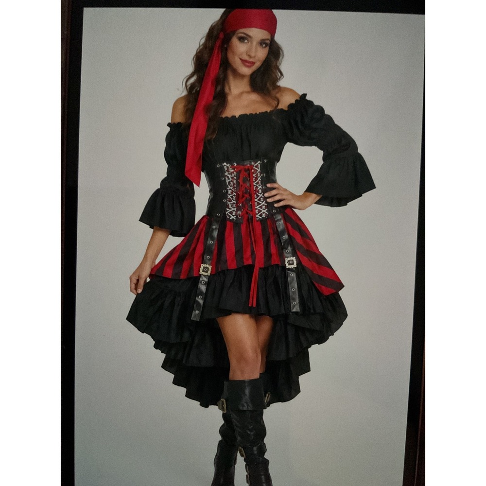 California Costumes Pirate Costume Women Small Black Red Striped High Low Dress